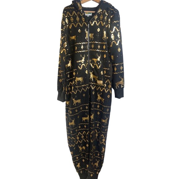 Tipsy Elves Other - Tipsy Elves Gold Foil Fair Isle Reindeer Jumpsuit Cozy Sleeper Men’s Size L